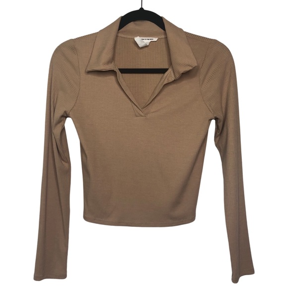 Caution To The Wind Tops - Ribbed Long Sleeve Collared Crop Top